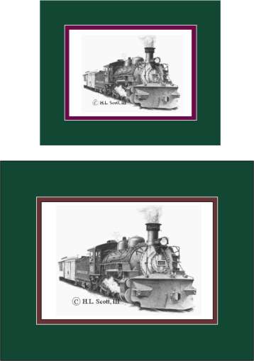 Durango and Silverton Narrow Gauge Railroad #480 with plow art print matted in green and maroon