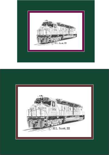Union Pacific Railroad #6936 art print matted in green