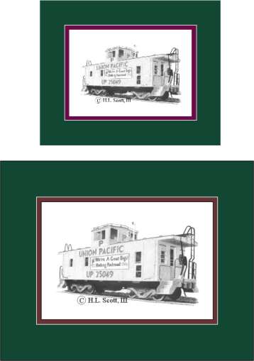 Union Pacific Railroad caboose art print matted in green